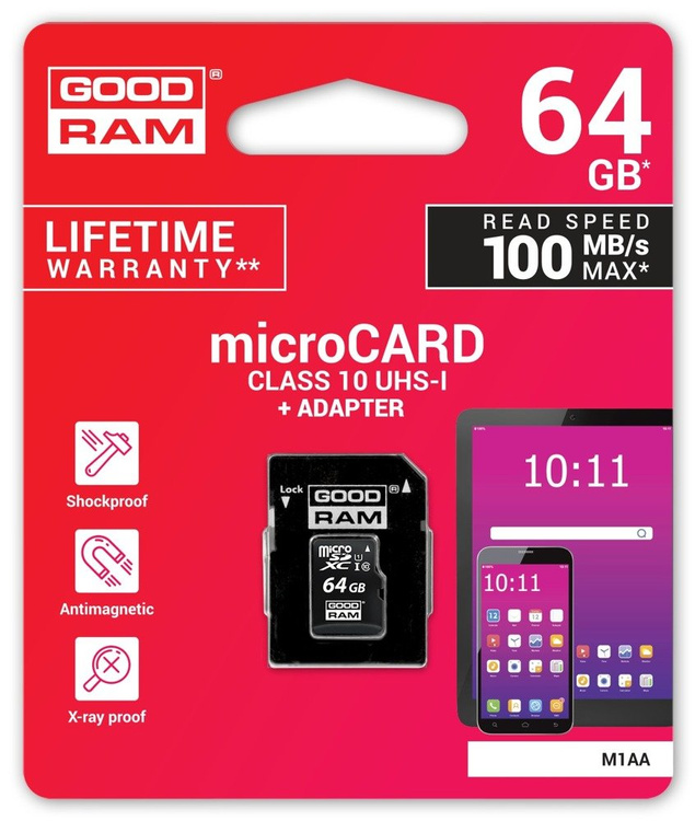 Goodram Karta pamięci microSDXC 64GB CL10 UHS 1 z adapterem (M1AA-0640R12)