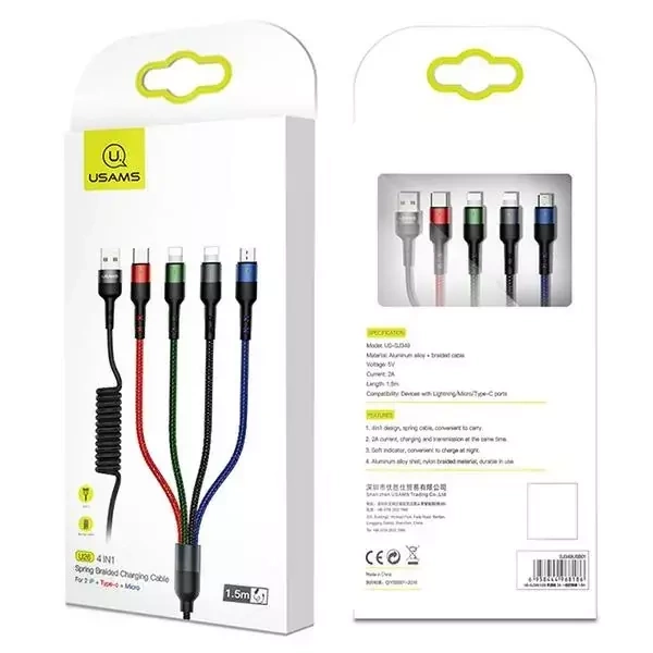 USAMS Kabel pleciony 4w1 1.5m 2A Fast Charge Springs (2xlightning/microUSB/USB-C) SJ349USB01